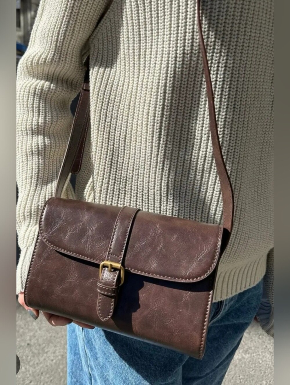 Brandy Melville Brown Leather Crossbody Bag with Brass Buckle
